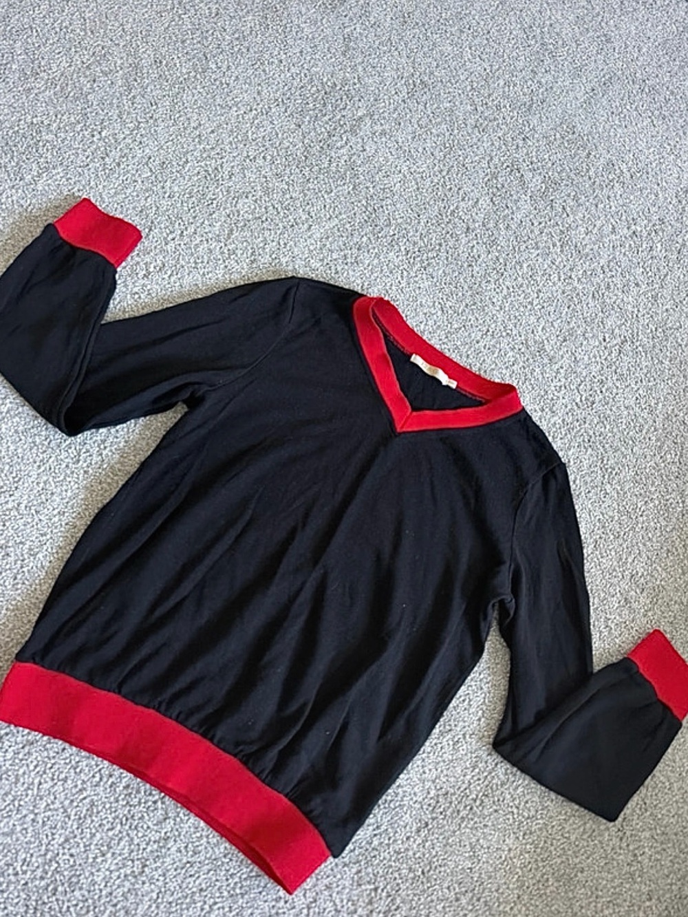 Black V-Neck Sweater with Red Trim — Women's Classic Knit